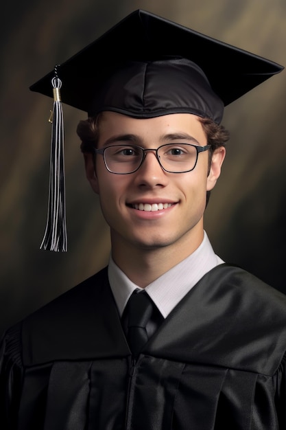 Portrait of a smiling young man in academic gown and glasses