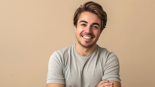 Portrait of a Smiling Young Man in Casual Style Friendly Male Face with a Charming Smile Lifestyle and Positivity Captured in Studio Character Image for Designers AI