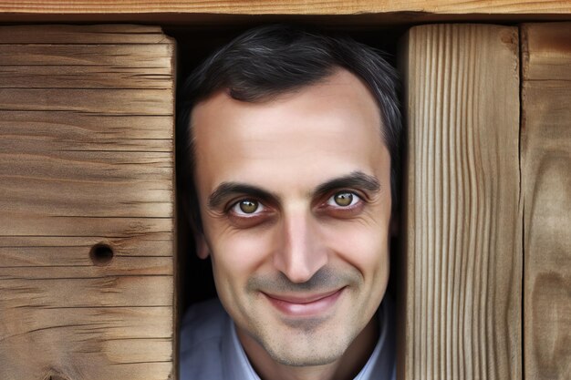 Портрет улыбающегося молодого человека, выглядывающего из деревянного ящика