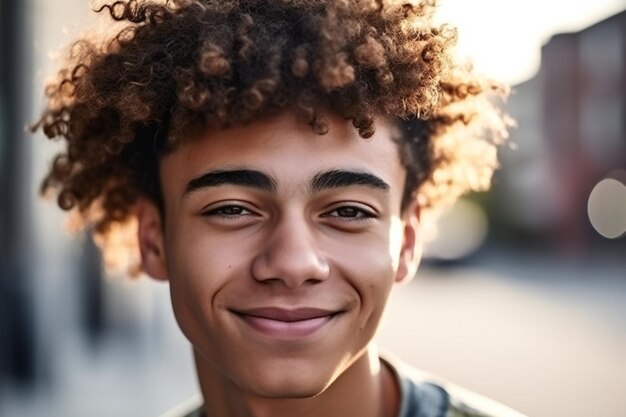 Photo portrait of a smiling young man with afro hairstyle outdoors