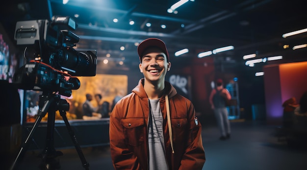 Portrait of a smiling young man with a camera and get ready for recording