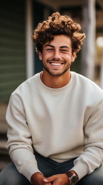 Photo portrait of a smiling young man with curly hair