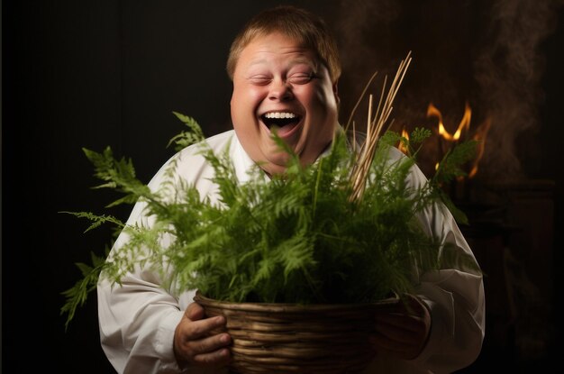 Portrait of a smiling young man with Down syndrome who fulfilled his dreams and became a professional florist Generated Ai