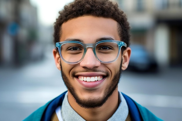 Photo portrait of a smiling young man with eyeglasses on the street