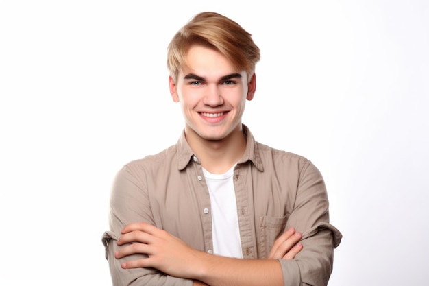 Портрет улыбающегося молодого человека со сложенными руками, изолированный на белом, созданный с помощью генеративного ИИ