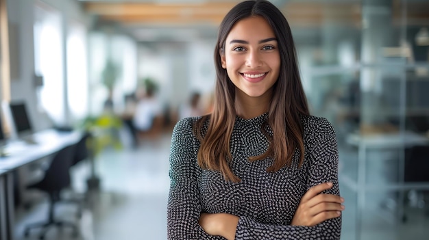 Portrait of smiling young multiethnic woman looking at camera with crossed arms Successful latin business woman standing