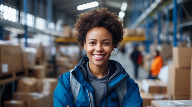 Photo portrait of a smiling young woman of african descent in a warehouse setting
