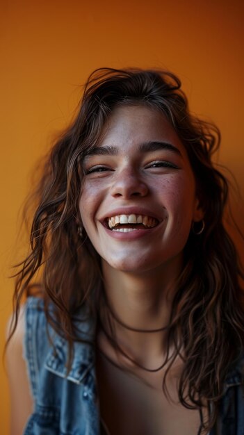 Portrait of a smiling young woman against an orange background