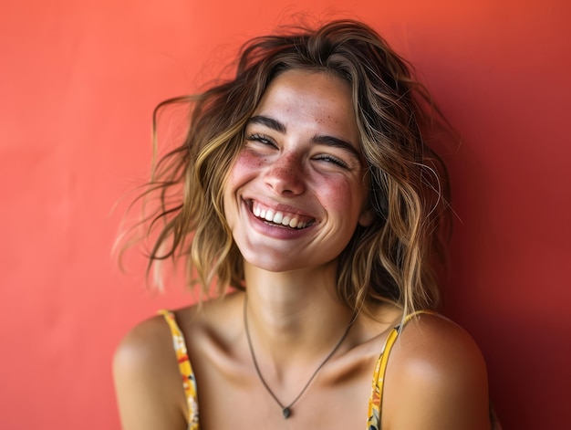 Portrait of smiling young woman against red background stock photo