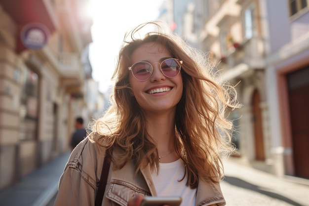 Portrait of a Smiling Young Woman Enjoying City Life with Curly Hair Glasses and Trendy Fashion