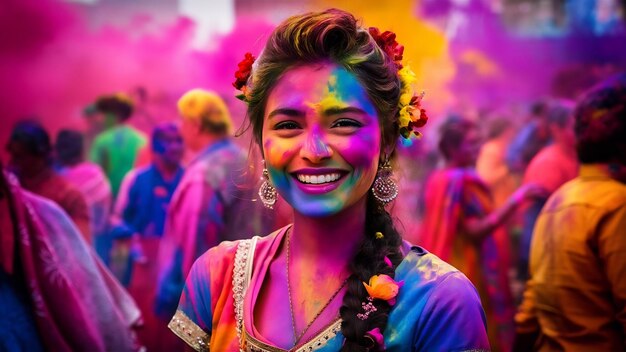 Portrait of a smiling young woman enjoying in the holi