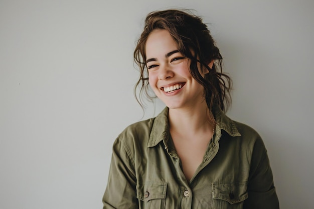 Portrait of a smiling young woman in a green shirt on a white background