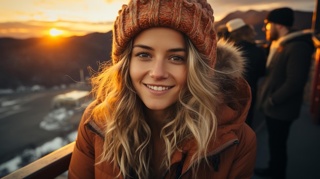 해가 지는 다리에서 모자와 코트를 입은 미소 짓는 젊은 여성의 초상화