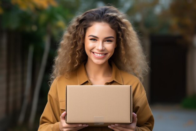 Photo portrait of a smiling young woman holding a cardboard box and looking at camera