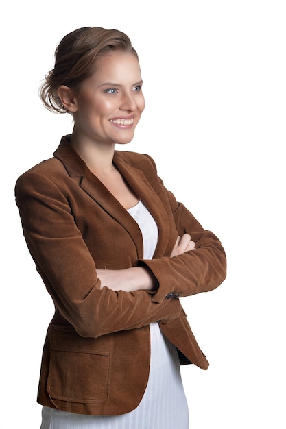 Portrait of Smiling young woman looking at the distance isolated on white background