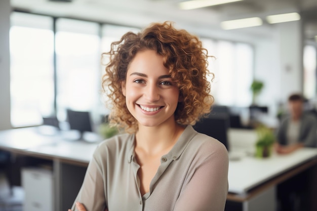 Photo portrait of a smiling young woman in the office