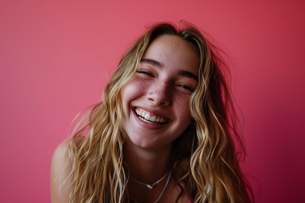 Portrait of a smiling young woman on a pink background