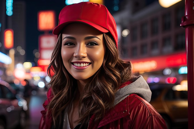 Portrait of a smiling young woman in a red cap and coat walking in the city at night