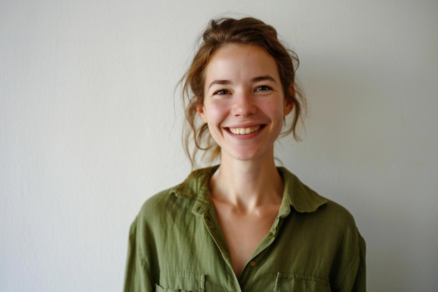 Portrait of a smiling young woman standing against a white wall