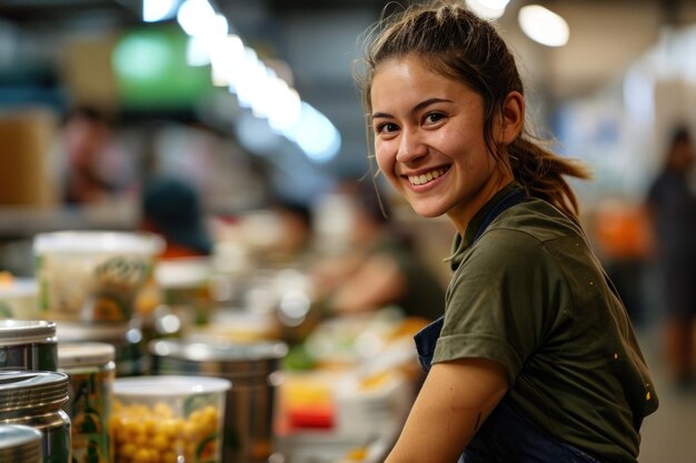 Photo portrait of a smiling young woman at a street food market