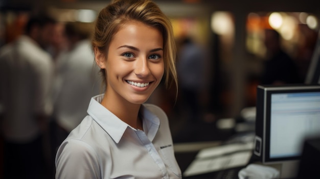 Портрет улыбающейся молодой женщины в белой рубашке, стоящей в супермаркете