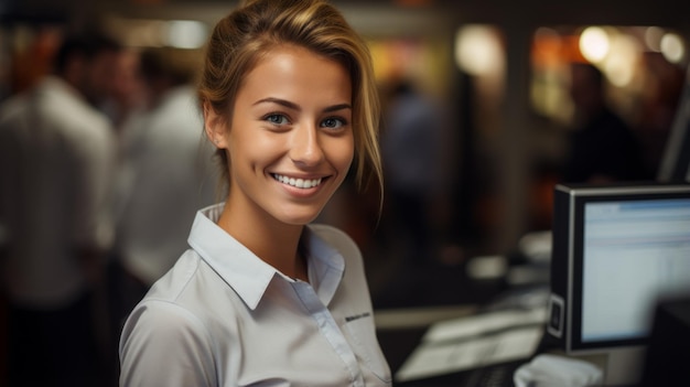 Portrait of a smiling young woman wearing a white shirt standing in a supermarket