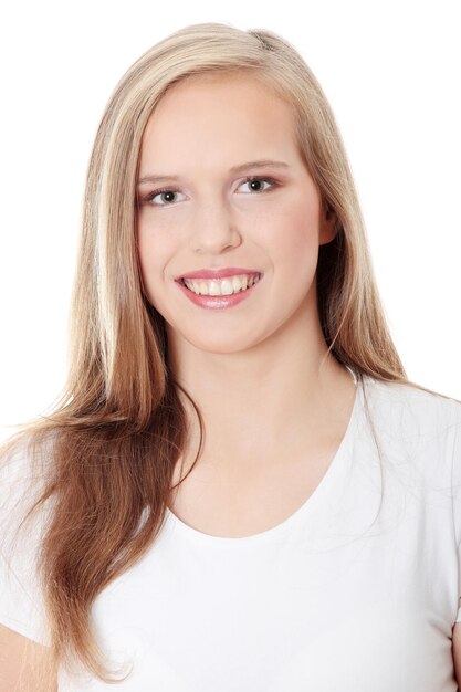 Photo portrait of smiling young woman over white background