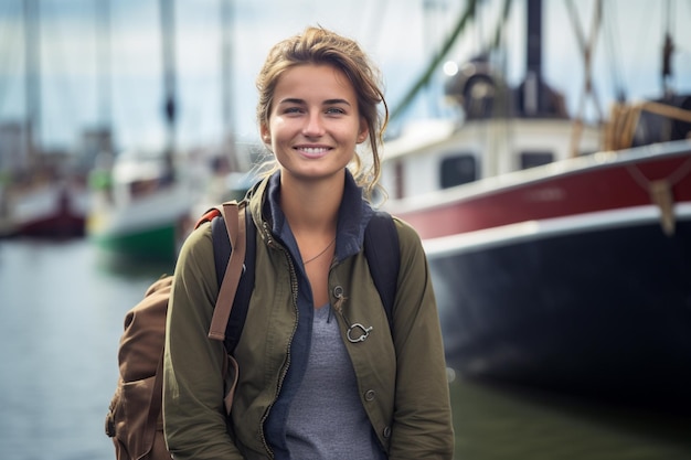 Portrait of a smiling young woman with backpack standing in front of a boat