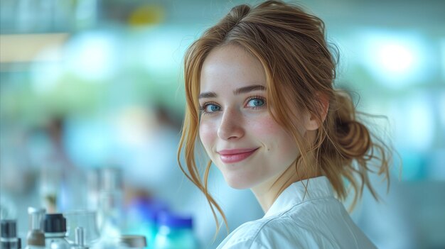 Portrait of a smiling young woman with blue eyes and messy bun