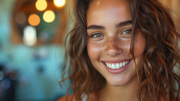 Foto ritratto di una giovane donna sorridente con le lentiggini