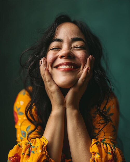 Portrait of a smiling young woman with her hands on her face on a green background