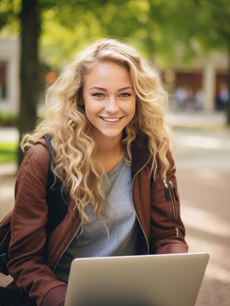 portrait of smiling young woman with laptop sitting on bench in park