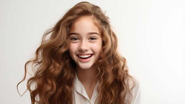 Портрет улыбающейся молодой женщины с длинными коричневыми волосами