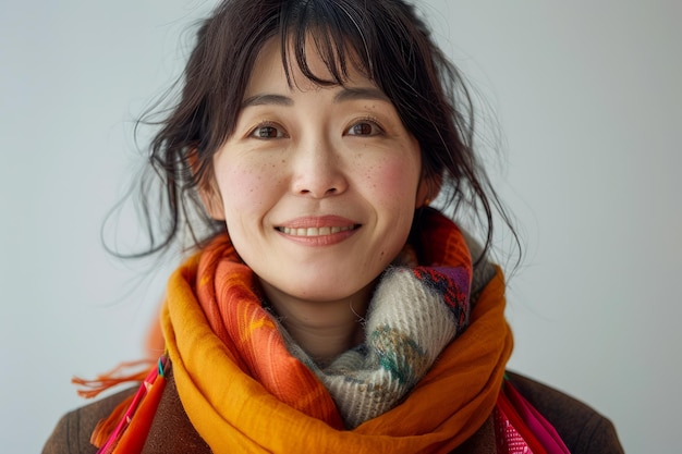 Портрет улыбающейся молодой женщины с стильным шарфом на нейтральном фоне