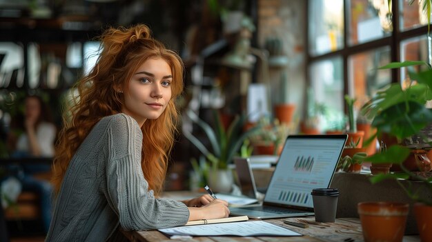 Photo portrait of a smiling young woman working on laptop while sitting in a cafe