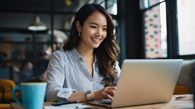 Portrait of a smiling young woman working on laptop