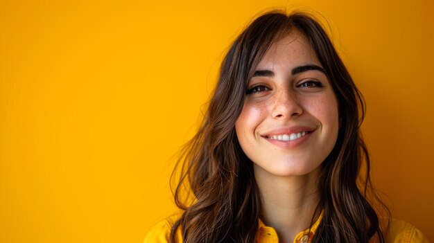 Portrait of smiling young woman on yellow background