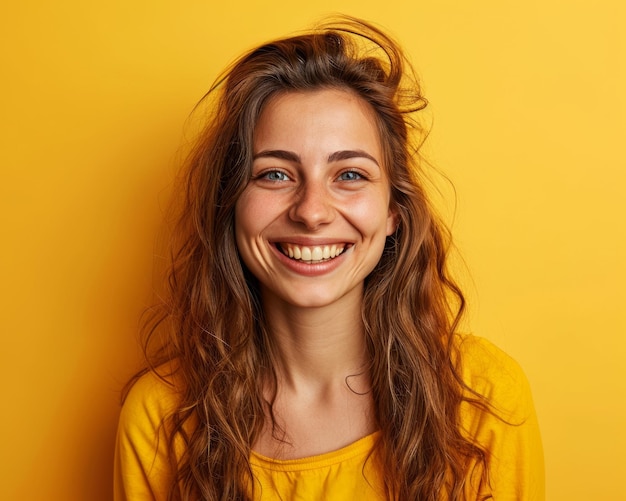 Foto ritratto di una giovane donna sorridente su sfondo giallo