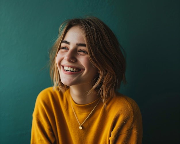 Foto ritratto di una giovane donna sorridente con un maglione giallo