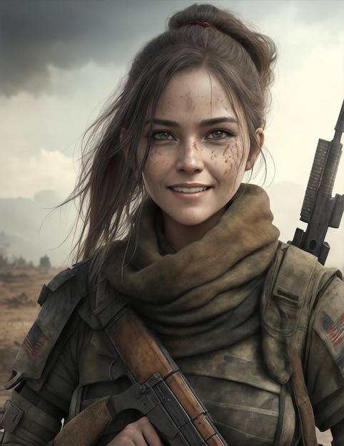 Portrait of smilling woman warrior on postapocalyptic world