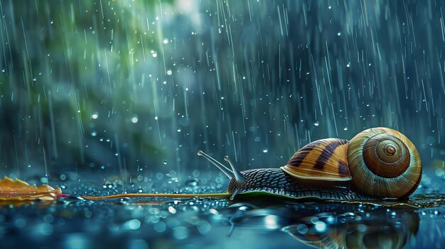 Portrait of snail on the leaf in a rainy day in street with a big space for text or product advertisement a rainy day refreshment Generative AI