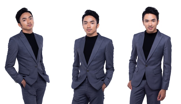 Portrait Snap Figure, Asian Business Man keep arms hands in dark Black proper Suit pants and shoes, studio lighting white background isolated, Tanned Male Model pose many act, collage group pack