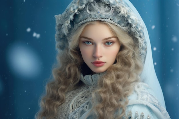 雪の背景に雪の乙女の肖像画