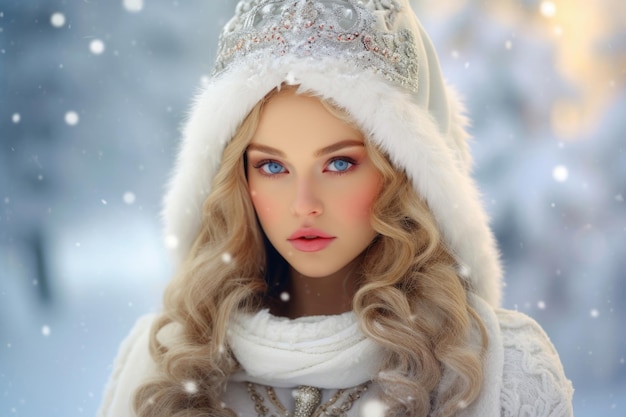 Portrait of the Snow Maiden on snowy background