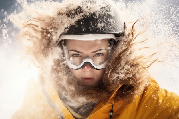 Portrait of a snowboarder girl with curly hair in a yellow jacket A woman riding a snowboard in the snow her face contorted with emotion and determination AI Generated