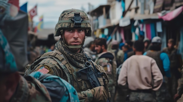 Photo portrait of a soldier in full gear amidst civilians in a bustling market military presence candid capture ai