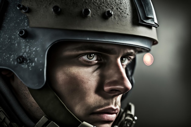 Portrait of a soldier in helmet and modern ammunition on battlefield Generative AI