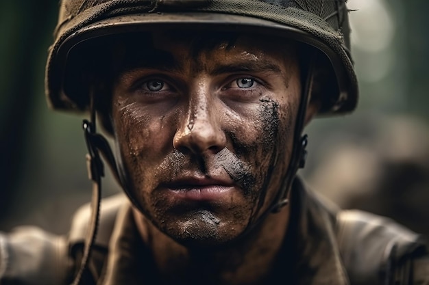 Portrait of a soldier in helmet at war on battlefield Generative AI