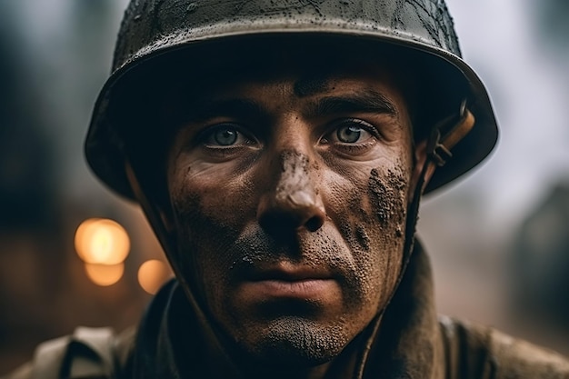 Портрет солдата в каске на поле боя Генеративный ИИ