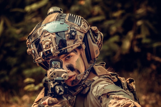 Photo portrait of soldier holding rifle outdoors